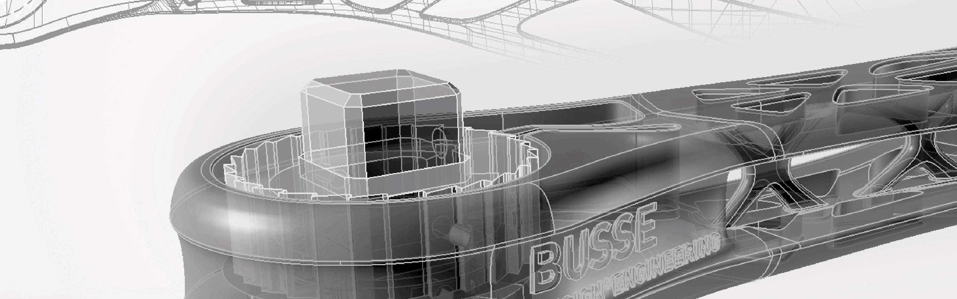 Graphic representation of a technical construction with transparent views of a mechanical component, labeled Busse Design Engineering.