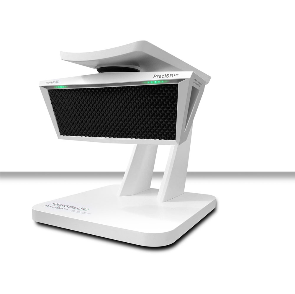 White technological device on a stand, labeled PreciSR in a futuristic design.
