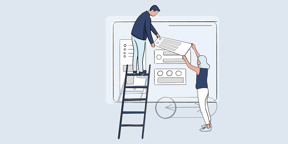 Two people collaboratively working on a user interface design, as if it was a construction site, with one person standing on a ladder and the other assisting from below.