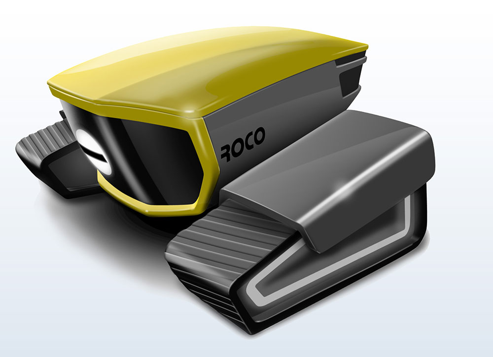 Two track crawler devices in vibrant yellow and neutral grey, sleekly designed with ROCO logo on the side.