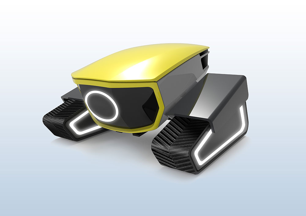 A single track crawler device in bright yellow with a futuristic design, displayed against a light background.